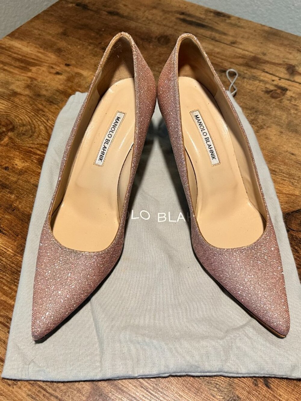 Manolo Blahnik BB Glitter Pointed Toe Pump EU 41 Rose Gold Pink Sparkle Stiletto - Picture 5 of 11